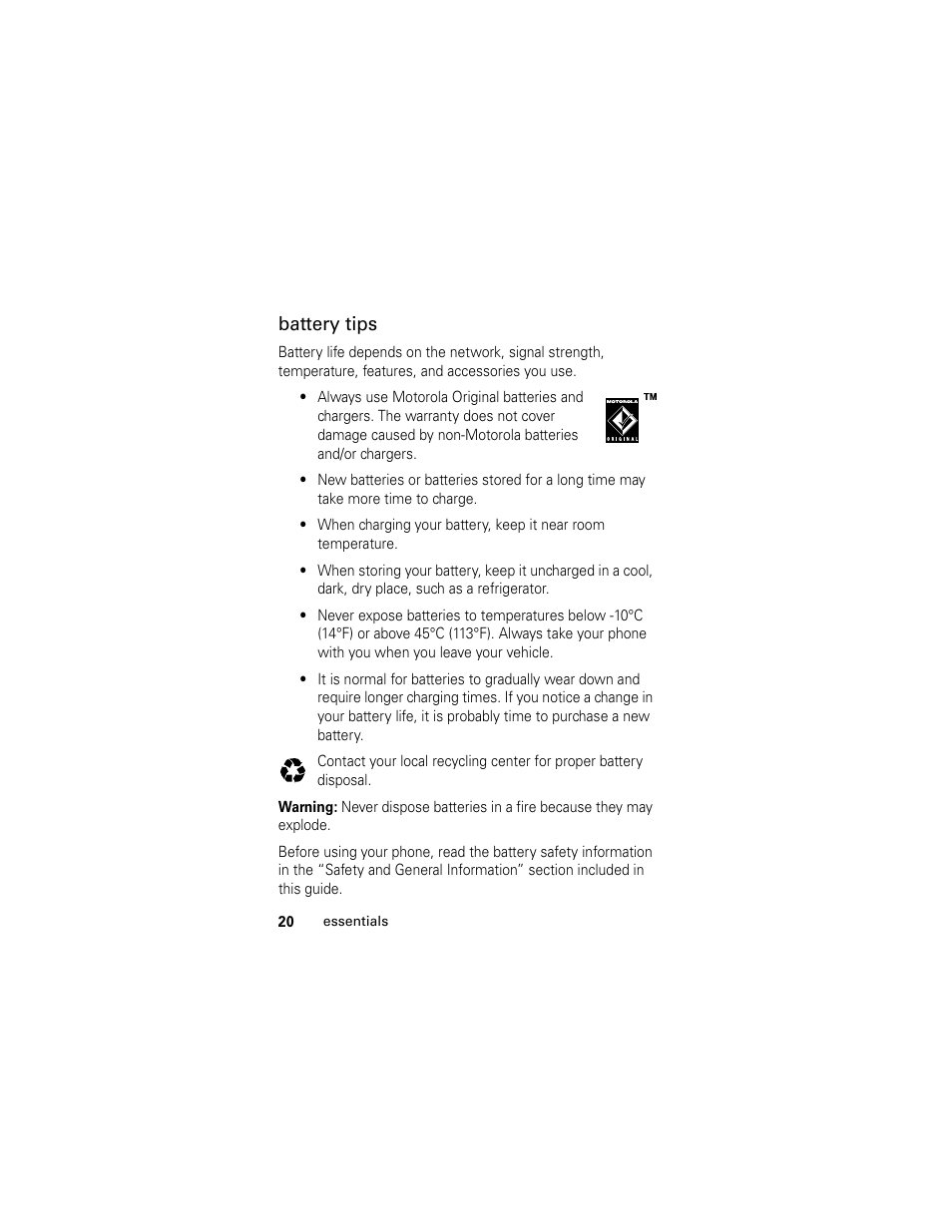 Battery tips | Motorola L6 GSM User Manual | Page 21 / 87