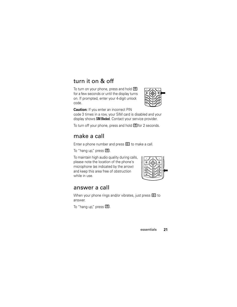 Turn it on & off, Answer a call, Make a call | Motorola L6 GSM User Manual | Page 22 / 87