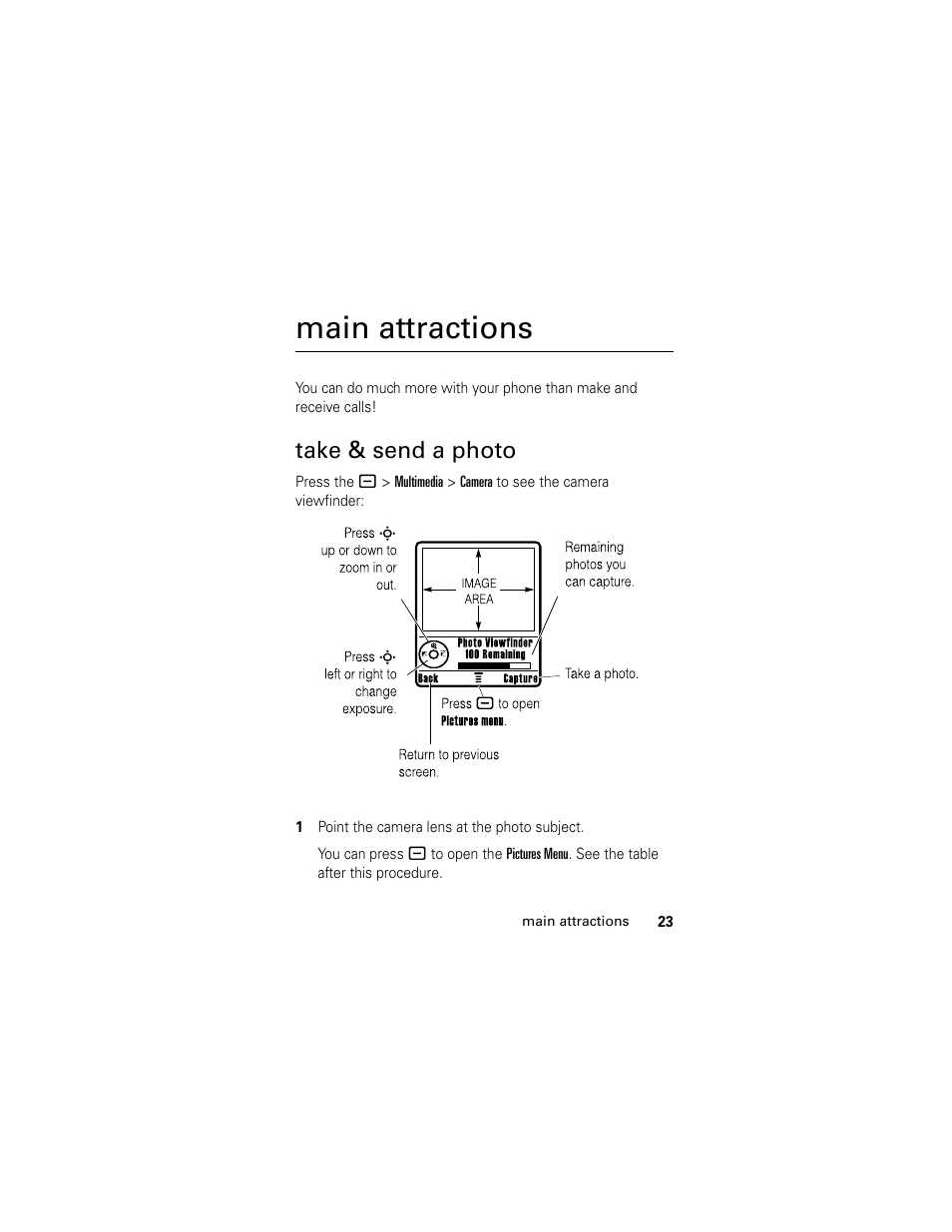 Main attractions, Take & send a photo | Motorola L6 GSM User Manual | Page 24 / 87