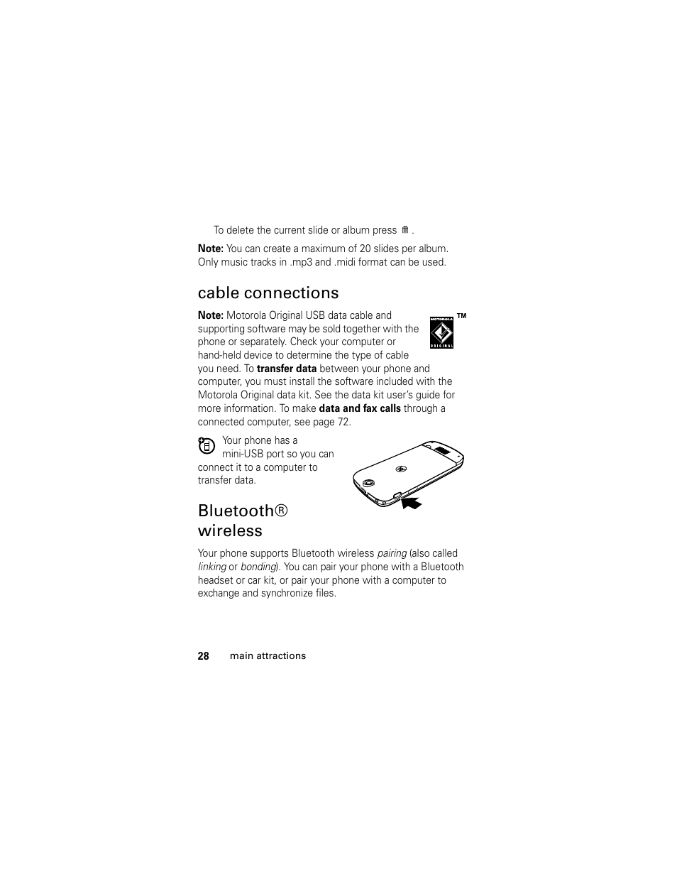 Cable connections, Bluetooth® wireless | Motorola L6 GSM User Manual | Page 29 / 87