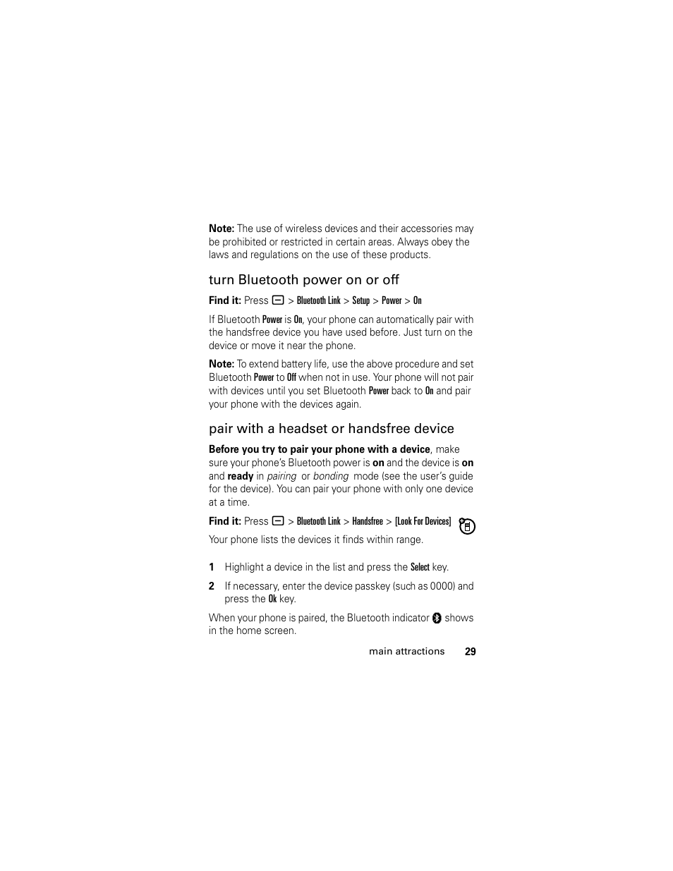 Turn bluetooth power on or off, Pair with a headset or handsfree device | Motorola L6 GSM User Manual | Page 30 / 87