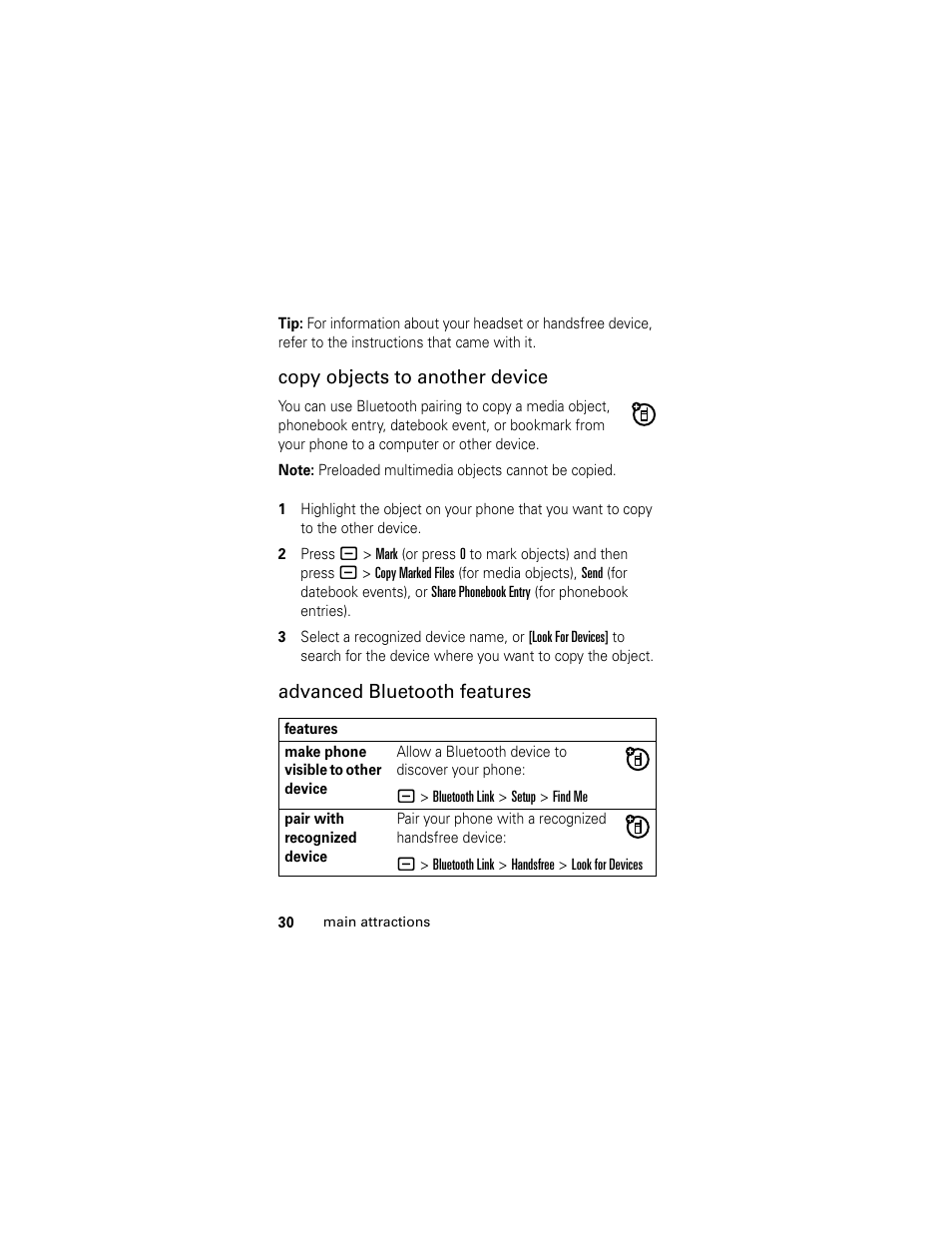 Copy objects to another device, Advanced bluetooth features | Motorola L6 GSM User Manual | Page 31 / 87