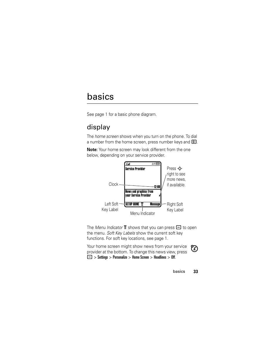 Basics, Display | Motorola L6 GSM User Manual | Page 34 / 87