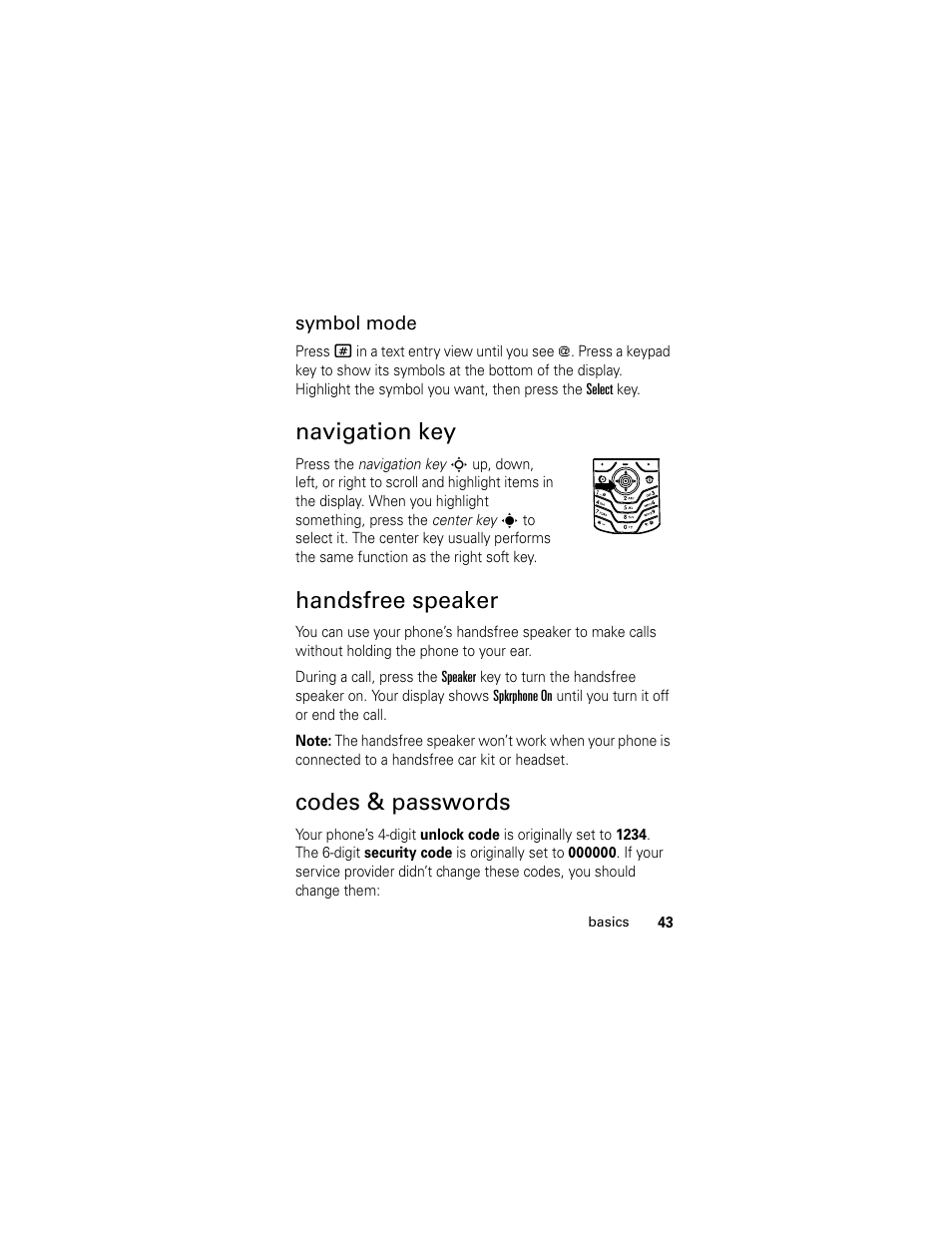 Navigation key, Handsfree speaker, Codes & passwords | Motorola L6 GSM User Manual | Page 44 / 87