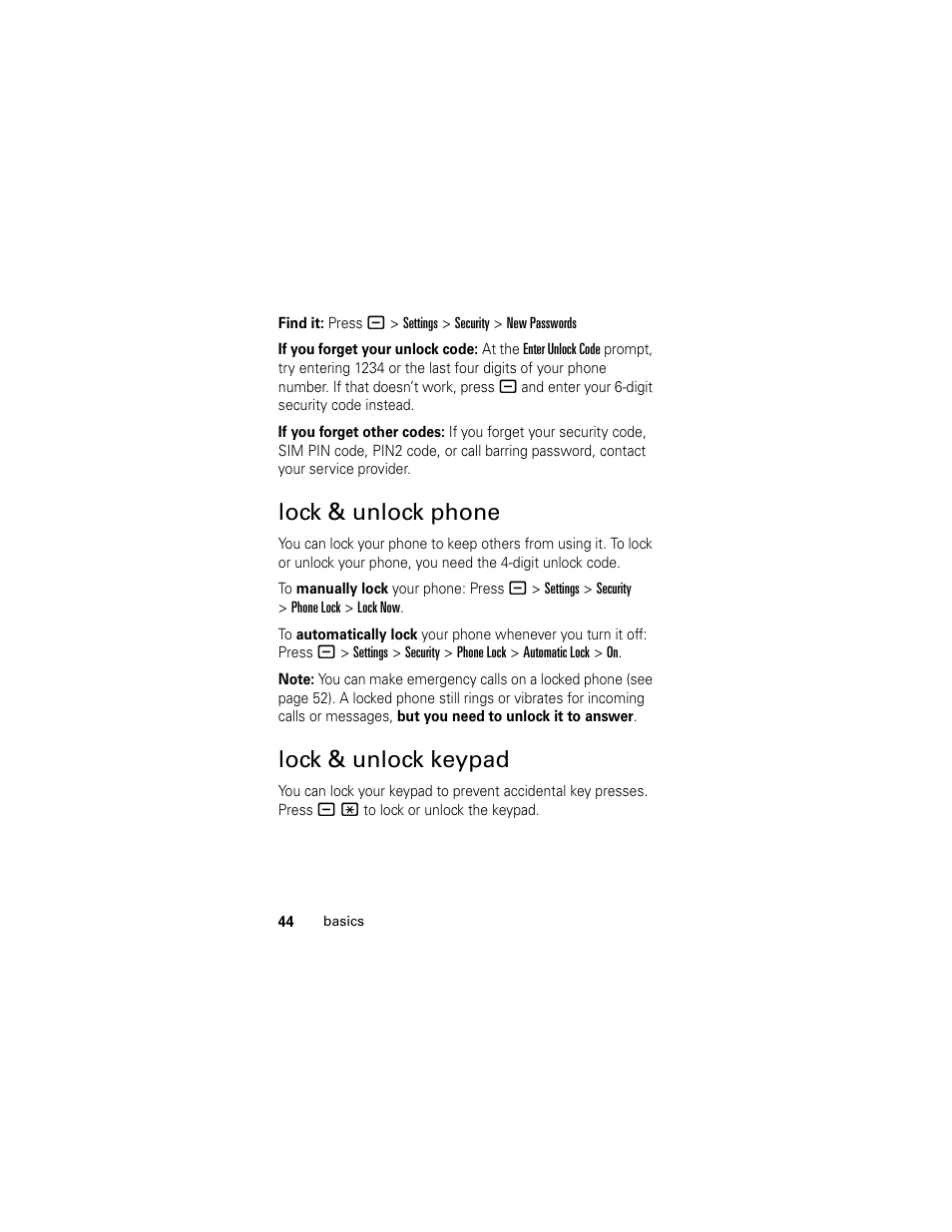 Lock & unlock phone, Lock & unlock keypad | Motorola L6 GSM User Manual | Page 45 / 87
