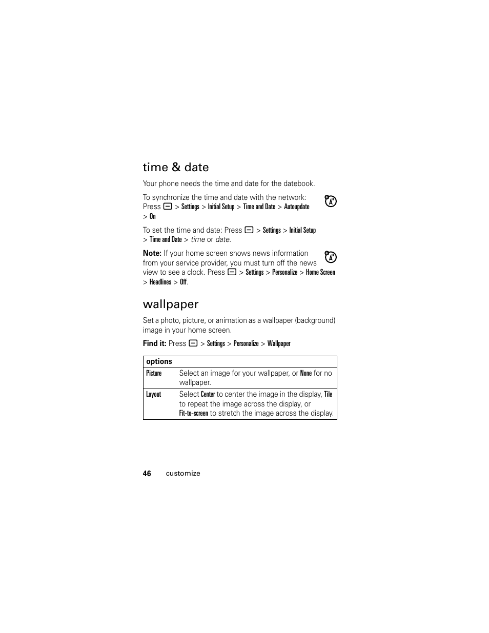 Time & date, Wallpaper | Motorola L6 GSM User Manual | Page 47 / 87