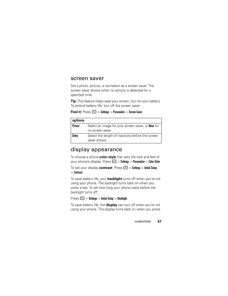 Screen saver, Display appearance | Motorola L6 GSM User Manual | Page 48 / 87