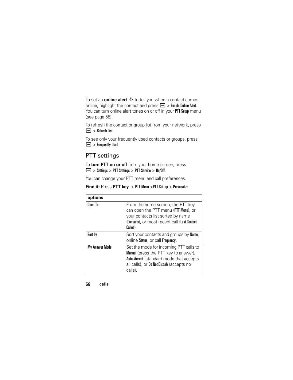 Ptt settings | Motorola L6 GSM User Manual | Page 59 / 87