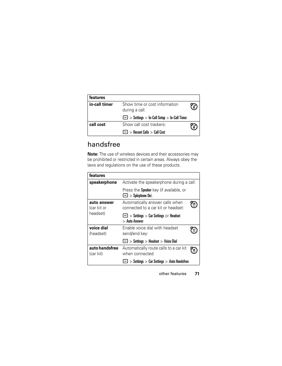 Handsfree | Motorola L6 GSM User Manual | Page 72 / 87