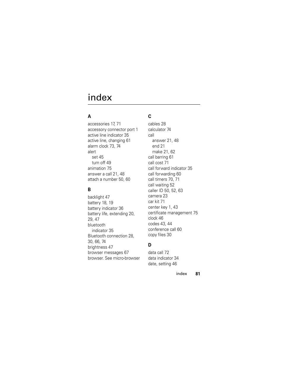 Index | Motorola L6 GSM User Manual | Page 82 / 87