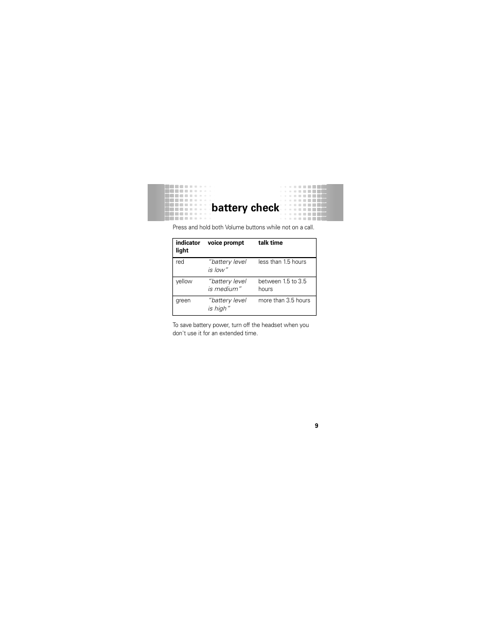 Battery check | Motorola 68000202174-B User Manual | Page 11 / 96