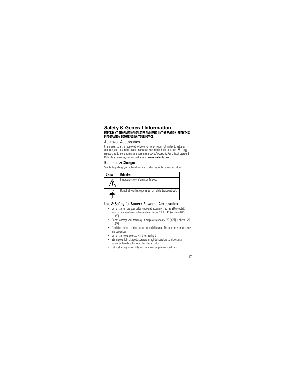 Safety information, Safety & general information | Motorola 68000202174-B User Manual | Page 19 / 96