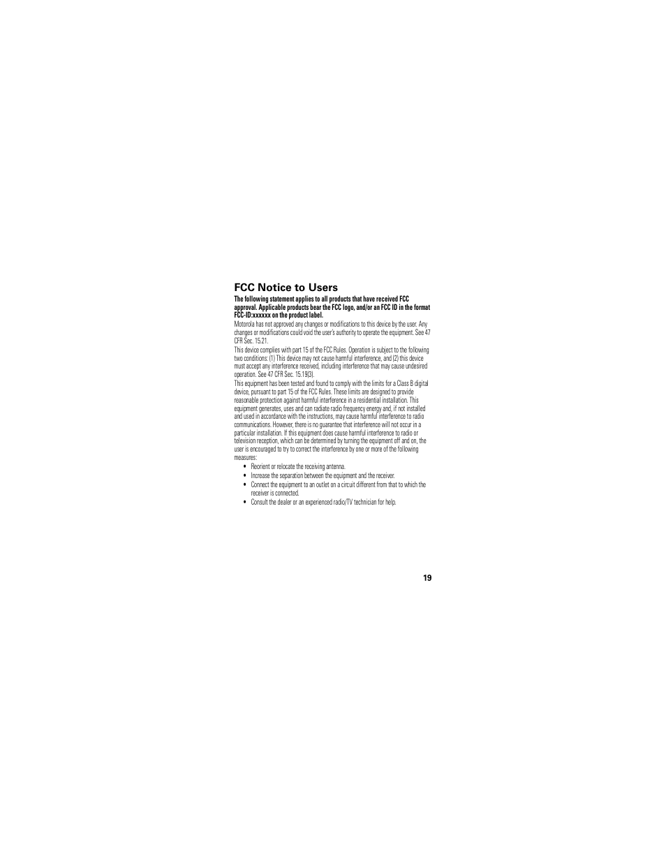 Fcc notice, Fcc notice to users | Motorola 68000202174-B User Manual | Page 21 / 96