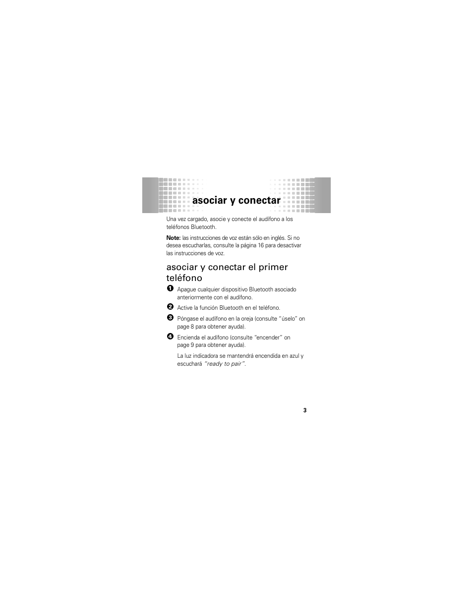 Asociar y conectar, Asociar y conectar el primer teléfono | Motorola 68000202174-B User Manual | Page 35 / 96