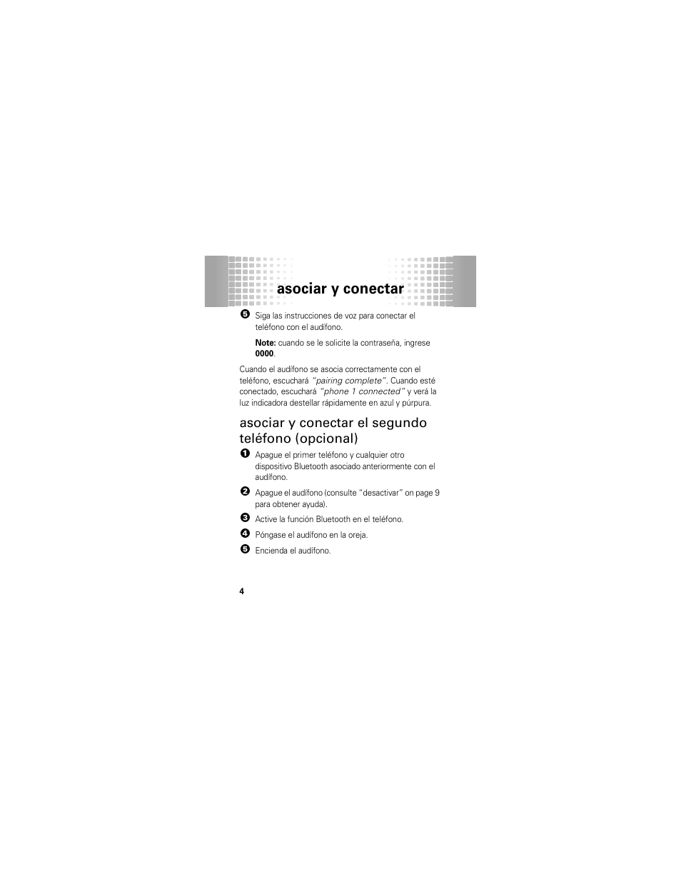 Asociar y conectar el segundo teléfono (opcional), Asociar y conectar | Motorola 68000202174-B User Manual | Page 36 / 96