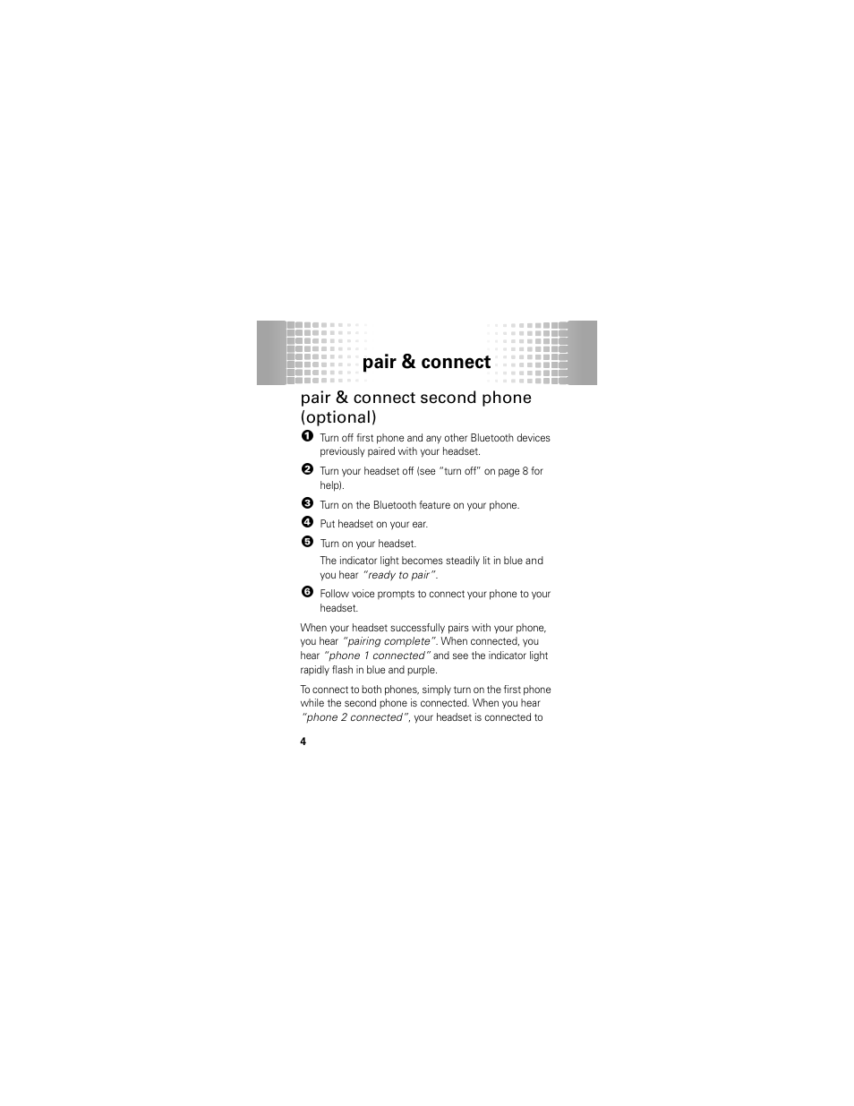 Pair & connect second phone (optional), Pair & connect | Motorola 68000202174-B User Manual | Page 6 / 96