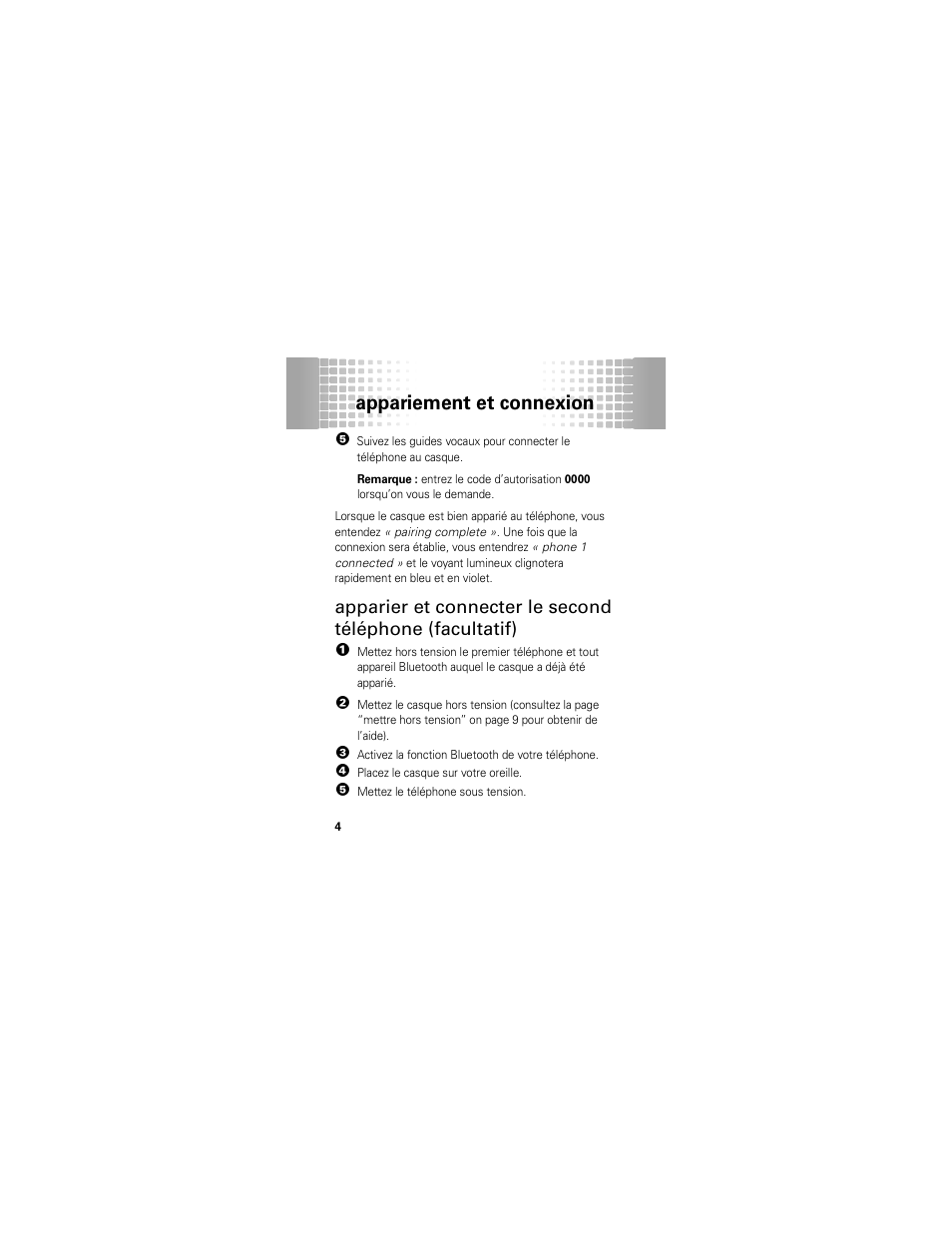 Appariement et connexion | Motorola 68000202174-B User Manual | Page 68 / 96