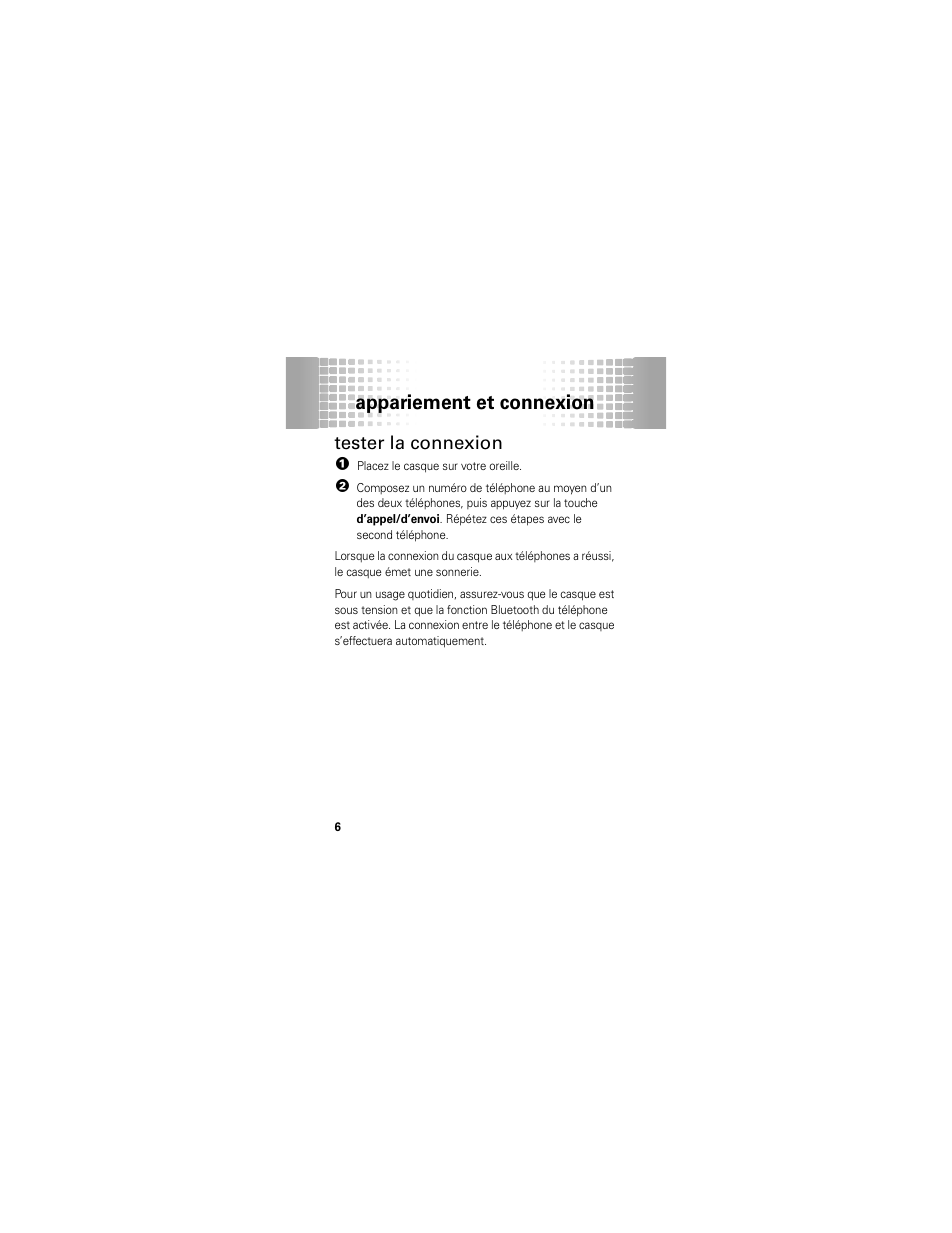 Tester la connexion, Appariement et connexion | Motorola 68000202174-B User Manual | Page 70 / 96