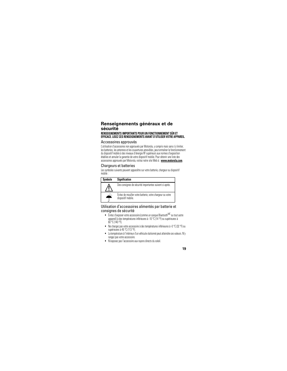 Renseignements de sécurité, Renseignements généraux et de sécurité | Motorola 68000202174-B User Manual | Page 83 / 96