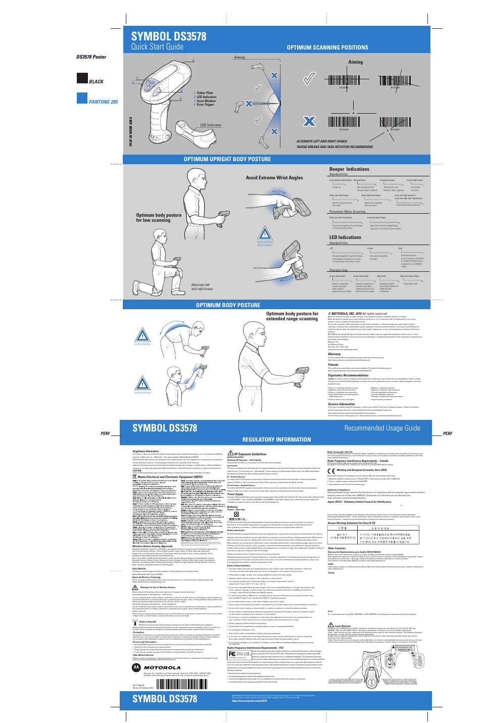 Symbol ds3578, Quick start guide, Recommended usage guide | Optimum upright body posture, Optimum scanning positions, Optimum body posture, Regulatory information | Motorola SYMBOL DS3578 User Manual | Page 2 / 2