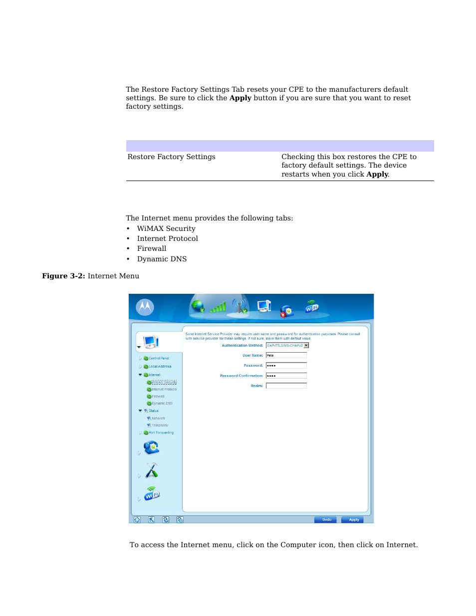 Restore factory settings tab, Internet menu | Motorola CPEI 885 User Manual | Page 16 / 55