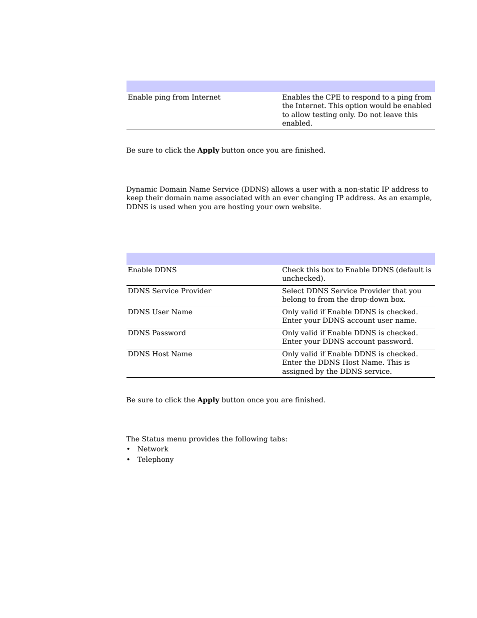 Dynamic dns tab, Status menu | Motorola CPEI 885 User Manual | Page 18 / 55