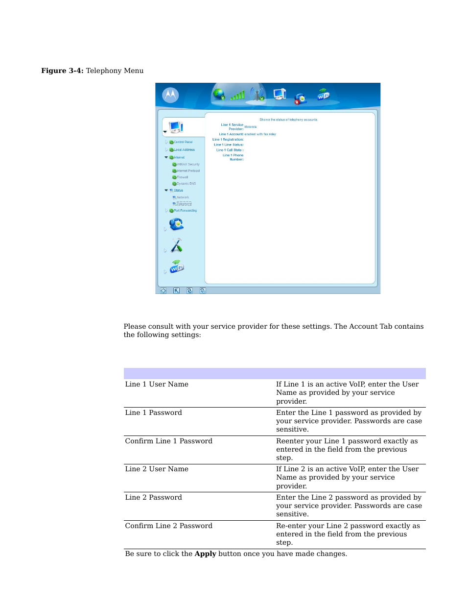 Account tab | Motorola CPEI 885 User Manual | Page 20 / 55