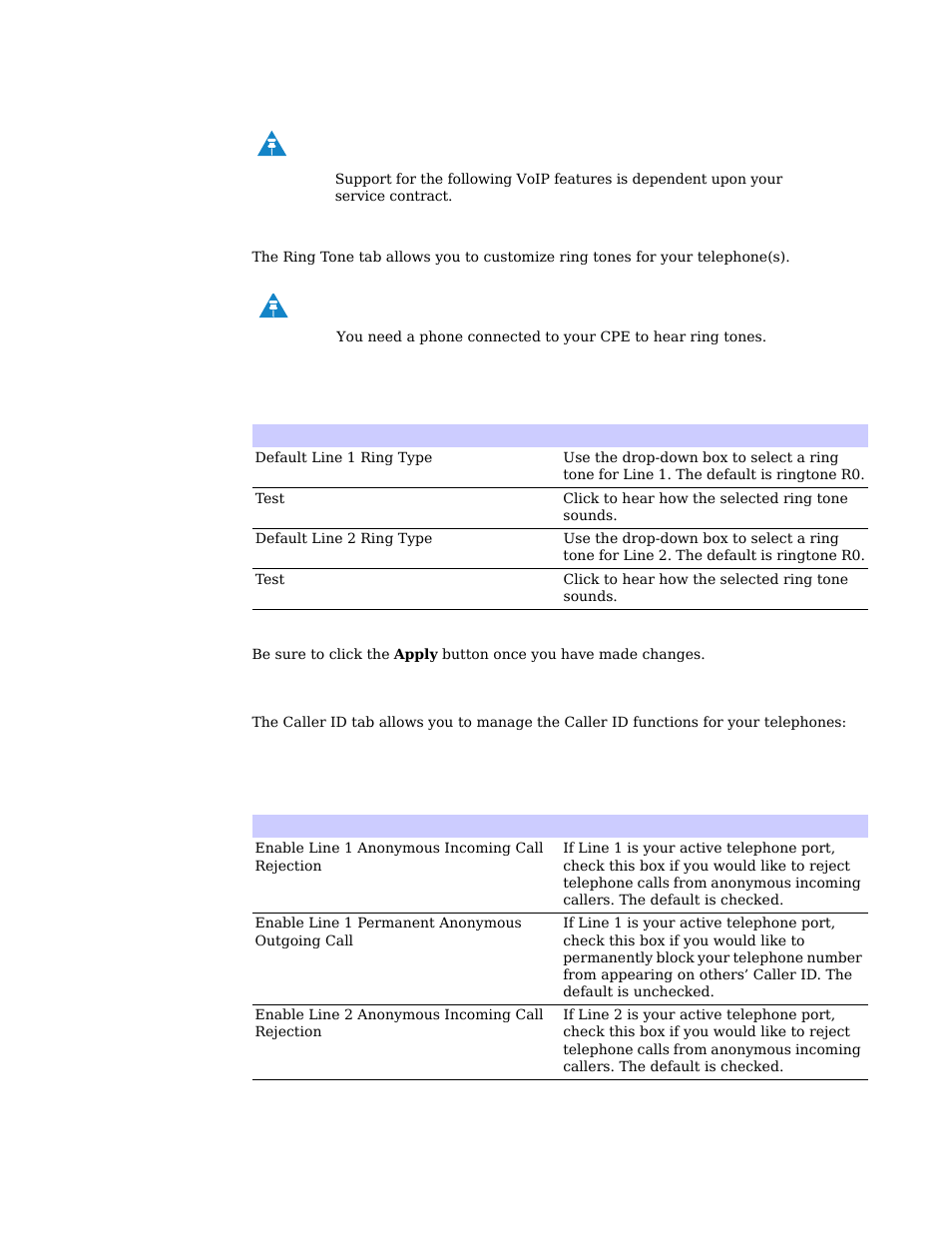 Ring tone tab, Caller id tab | Motorola CPEI 885 User Manual | Page 21 / 55