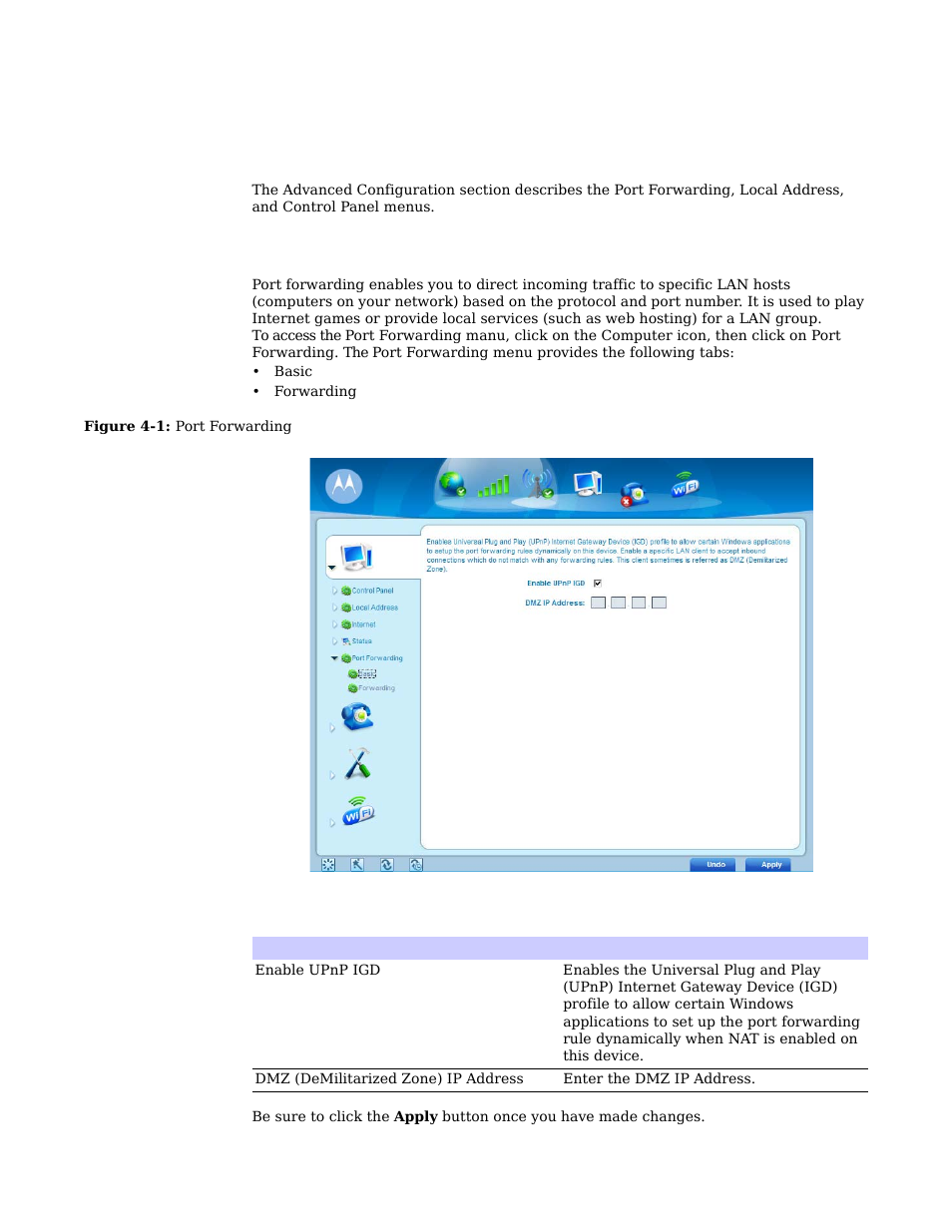 Chapter 4: advanced configuration, Port forwarding menu | Motorola CPEI 885 User Manual | Page 32 / 55