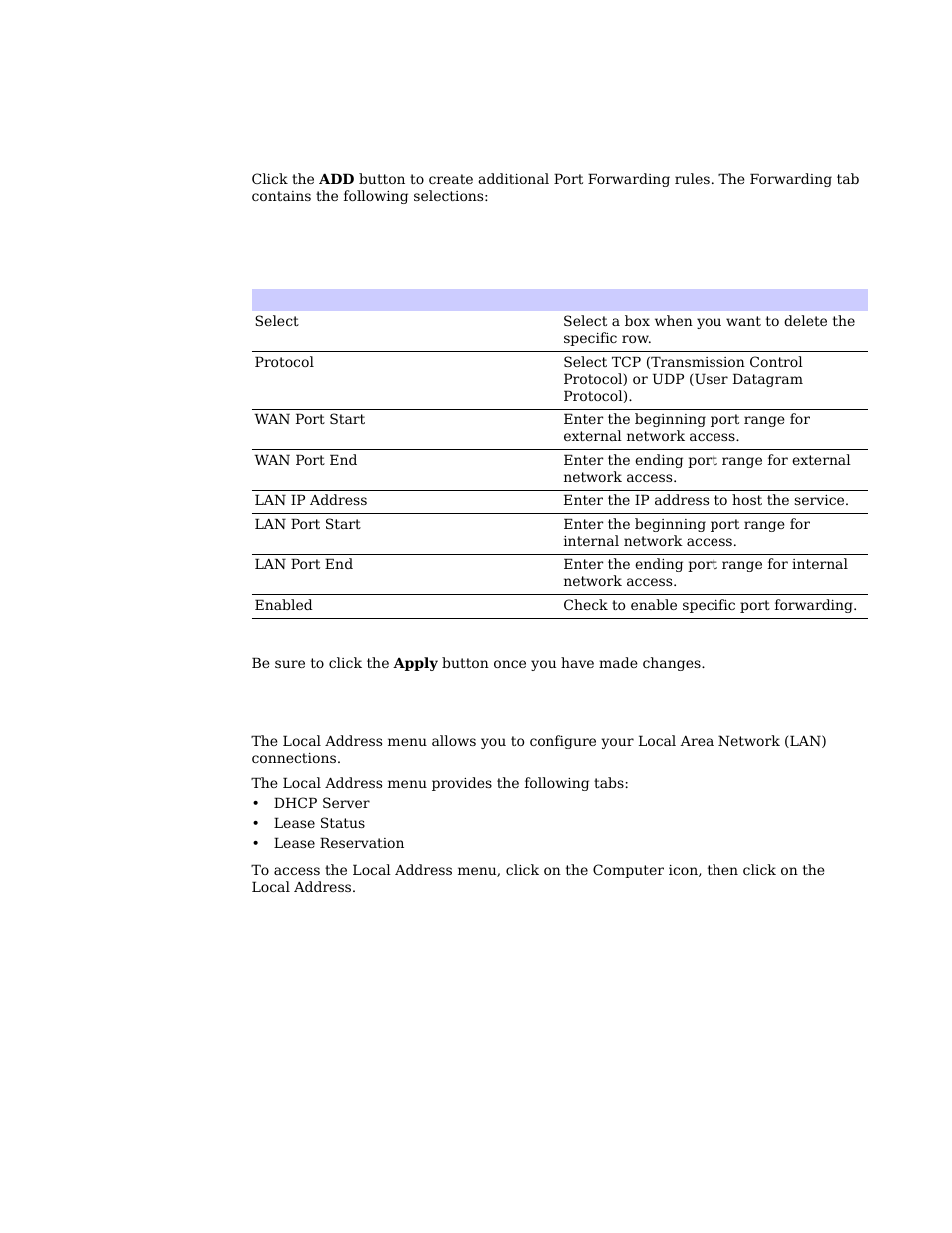 Forwarding tab, Local address menu | Motorola CPEI 885 User Manual | Page 33 / 55