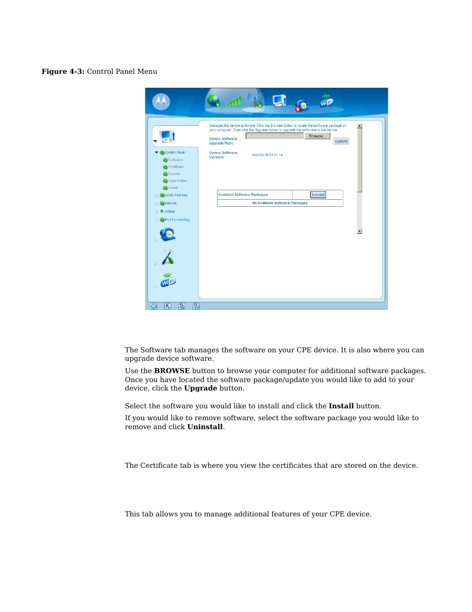 Software tab, Certificate tab, System tab | Motorola CPEI 885 User Manual | Page 37 / 55