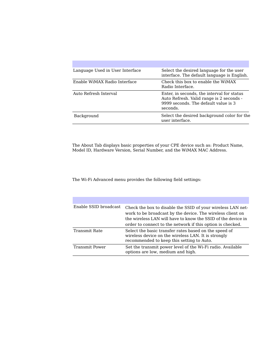 About tab, Wi-fi advanced | Motorola CPEI 885 User Manual | Page 38 / 55