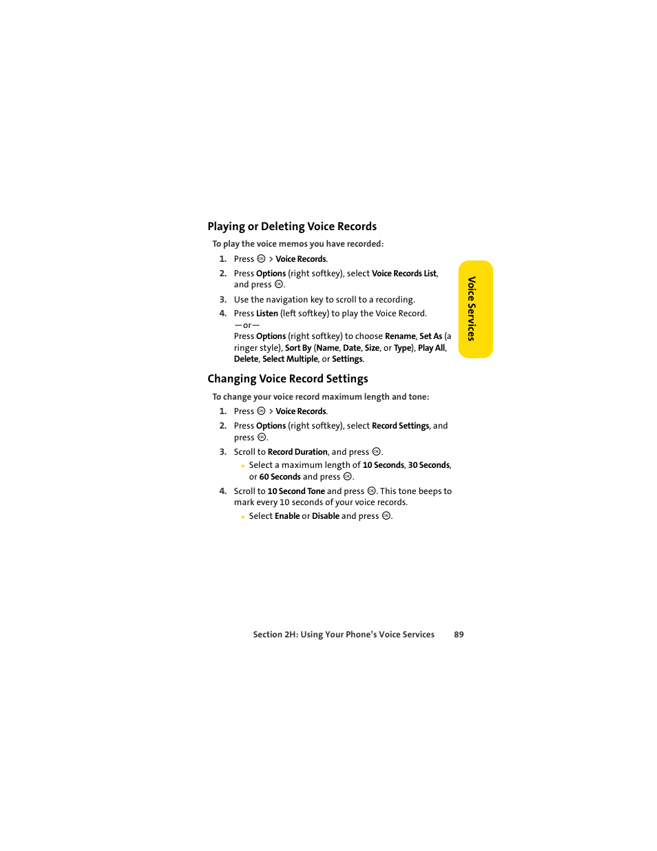 Playing or deleting voice records, Changing voice record settings | Motorola C290 User Manual | Page 103 / 170