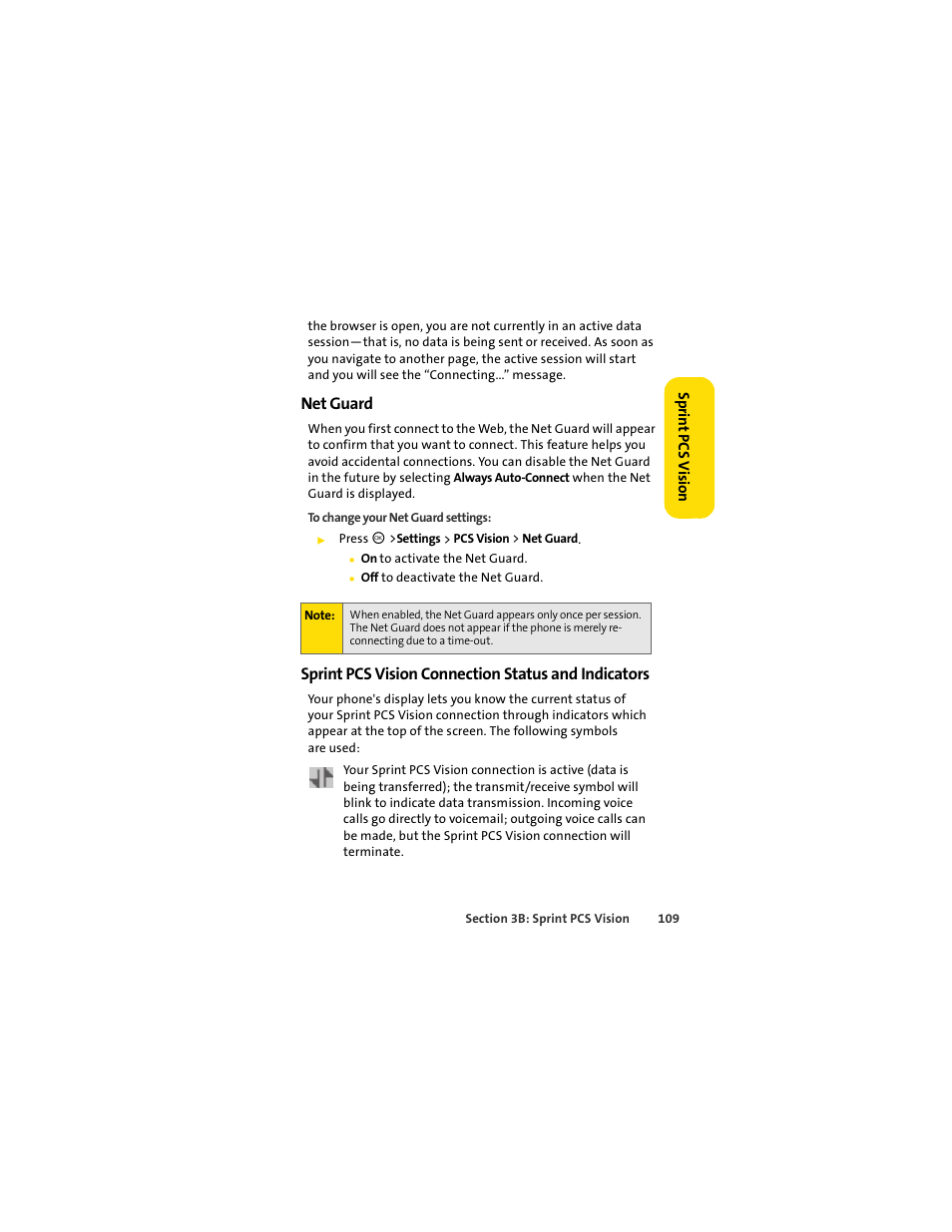 Net guard, Sprint pcs vision connection status and indicators | Motorola C290 User Manual | Page 123 / 170