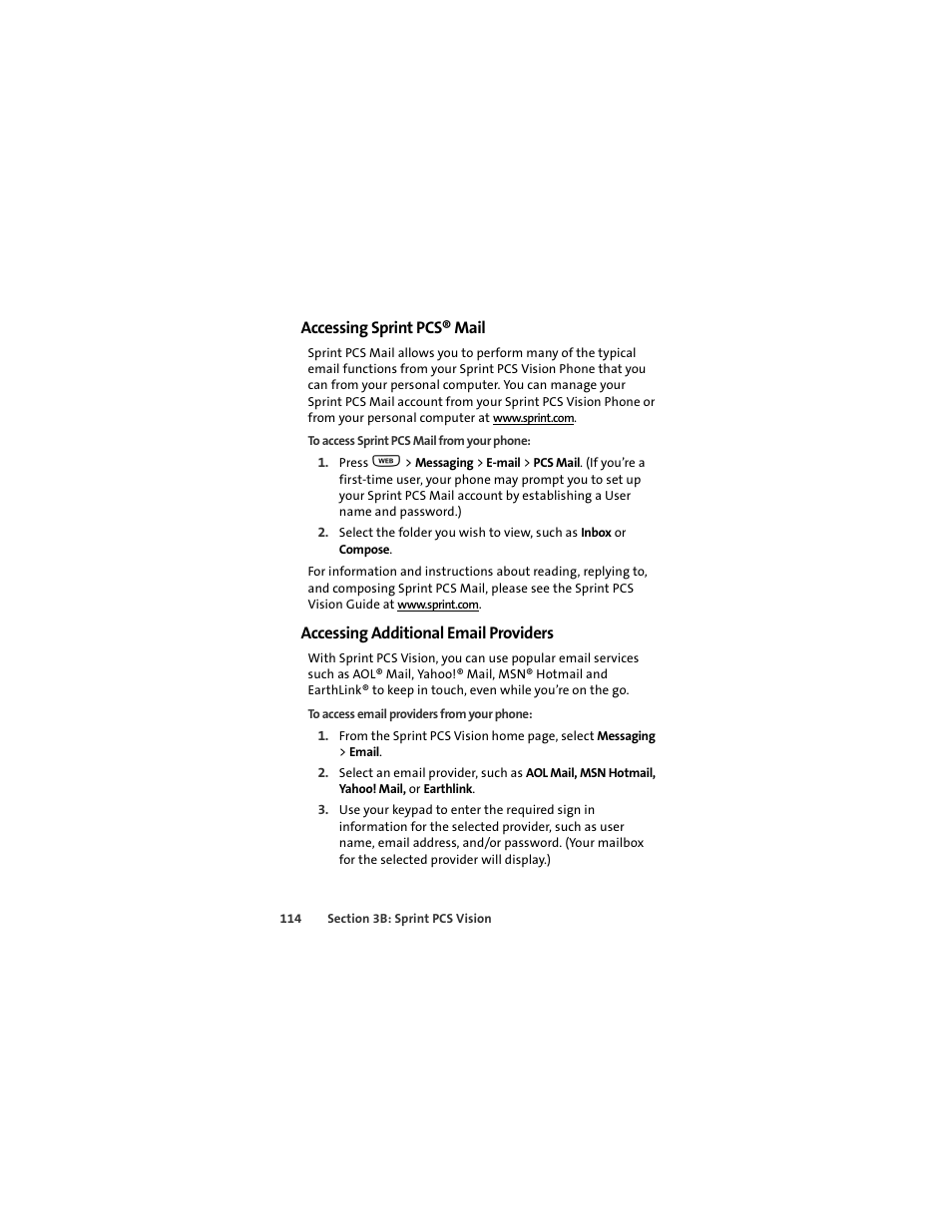 Accessing sprint pcs® mail, Accessing additional email providers | Motorola C290 User Manual | Page 128 / 170