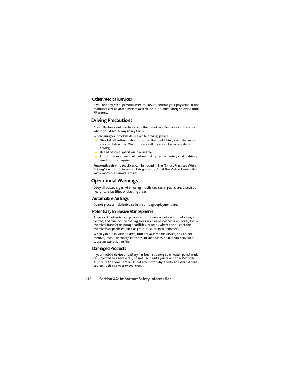 Driving precautions, Operational warnings | Motorola C290 User Manual | Page 152 / 170