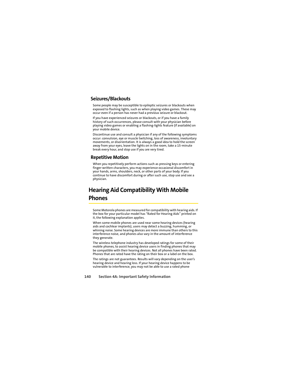 Seizures/blackouts, Repetitive motion, Hearing aid compatibility with mobile phones | Motorola C290 User Manual | Page 154 / 170