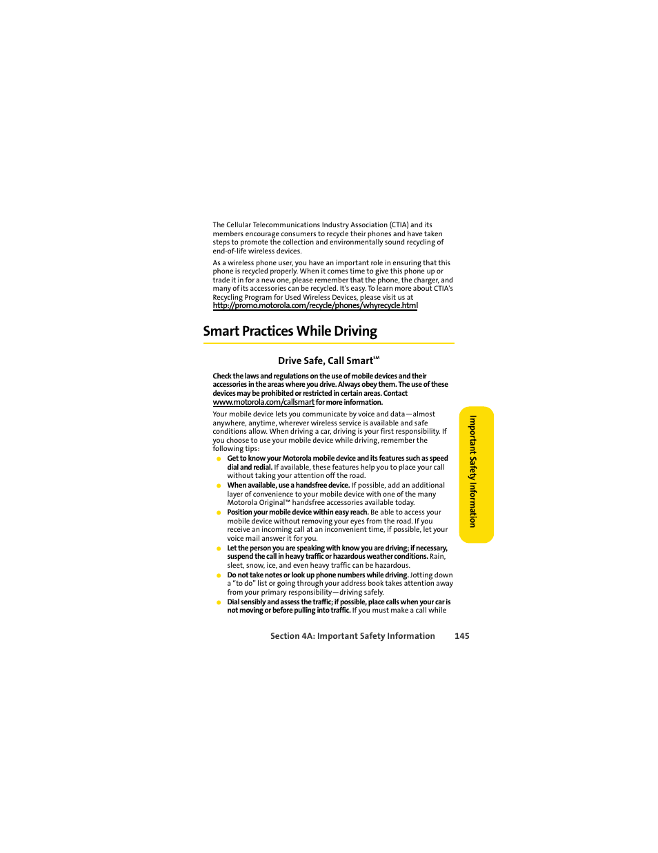 Smart practices while driving | Motorola C290 User Manual | Page 159 / 170