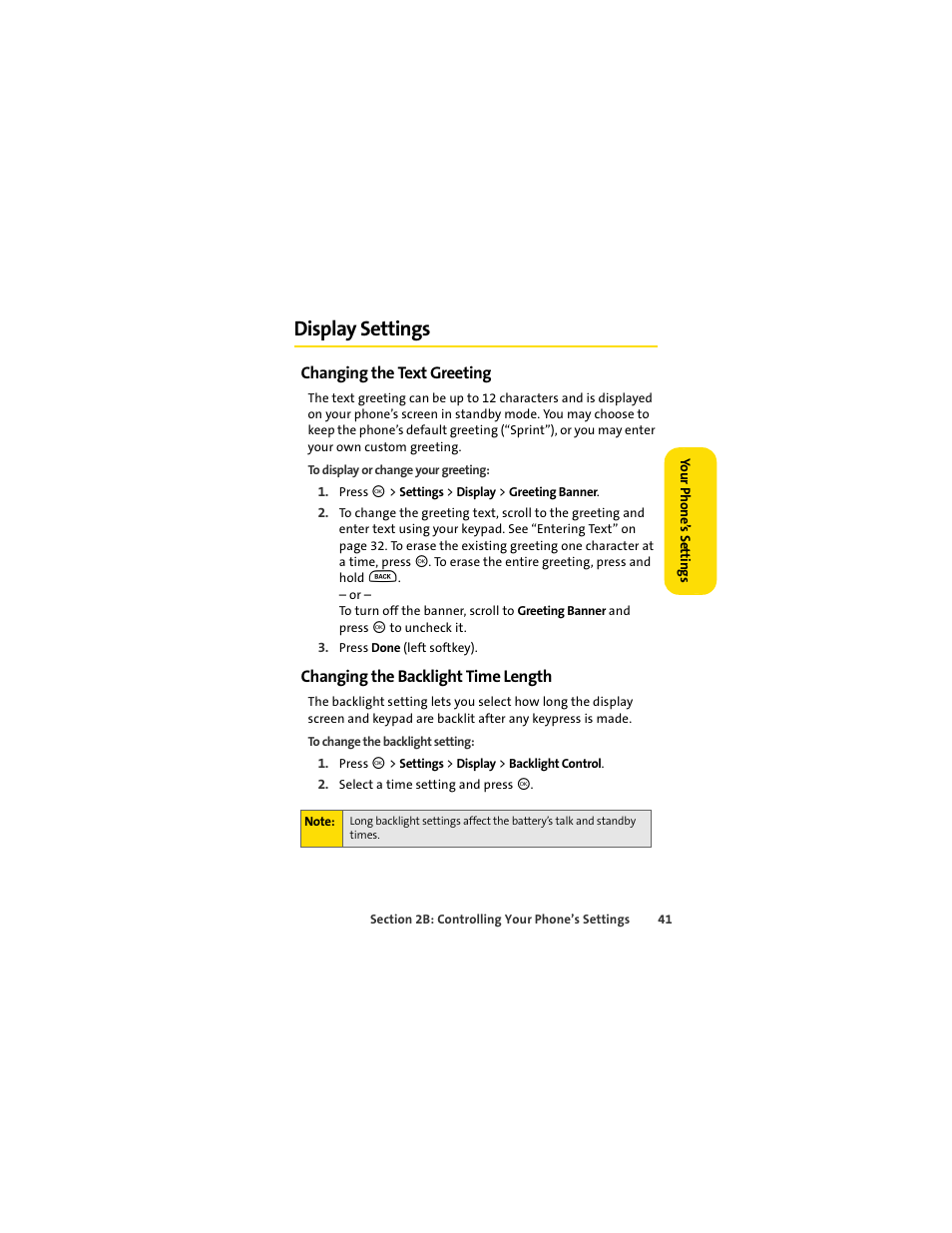 Display settings, Changing the text greeting, Changing the backlight time length | Motorola C290 User Manual | Page 55 / 170