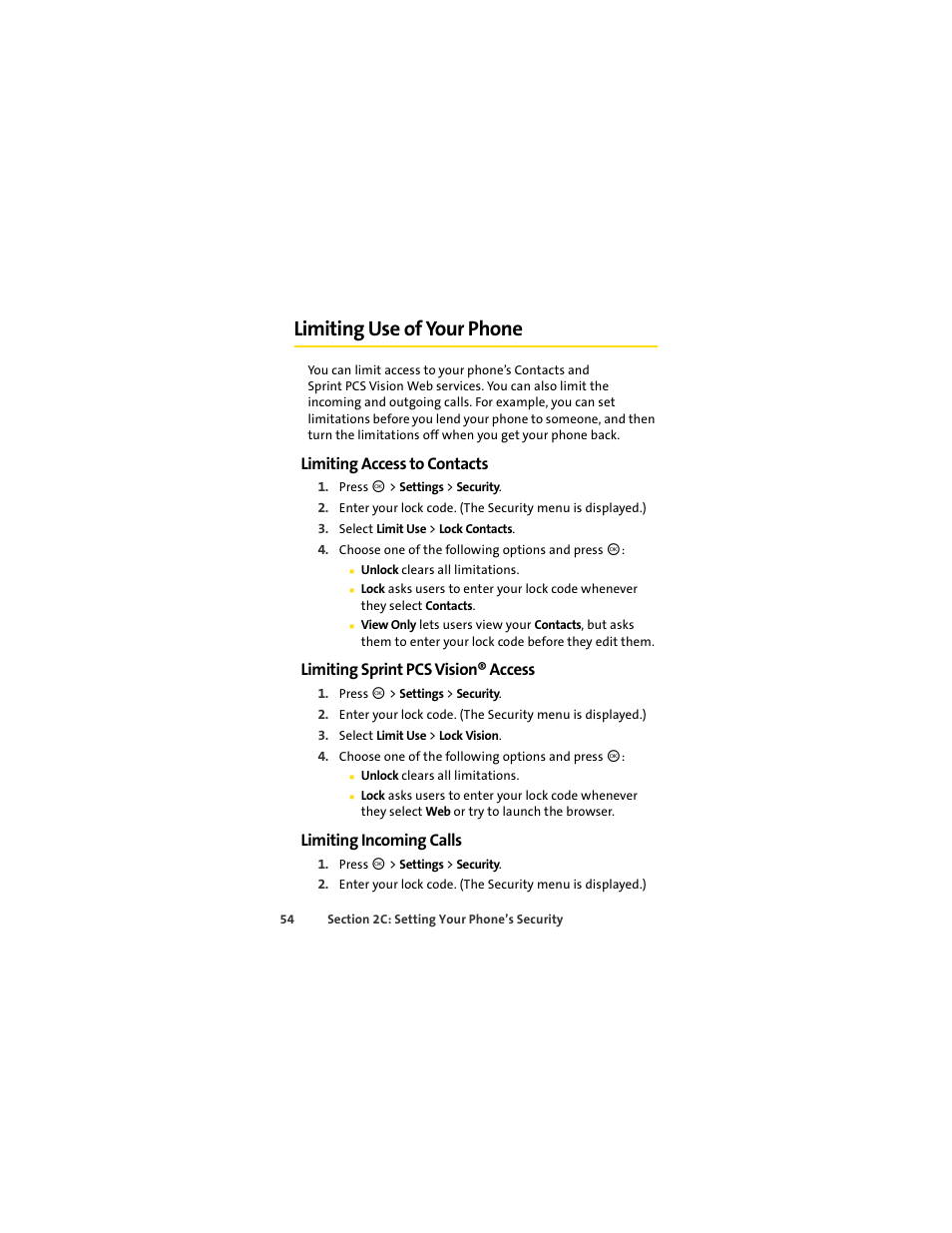 Limiting use of your phone, Limiting access to contacts, Limiting sprint pcs vision® access | Limiting incoming calls | Motorola C290 User Manual | Page 68 / 170