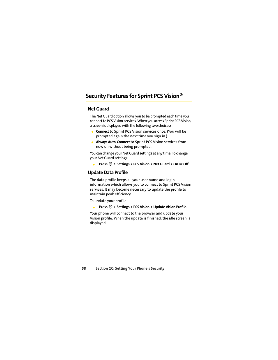 Security features for sprint pcs vision, Net guard, Update data profile | Security features for sprint pcs | Motorola C290 User Manual | Page 72 / 170