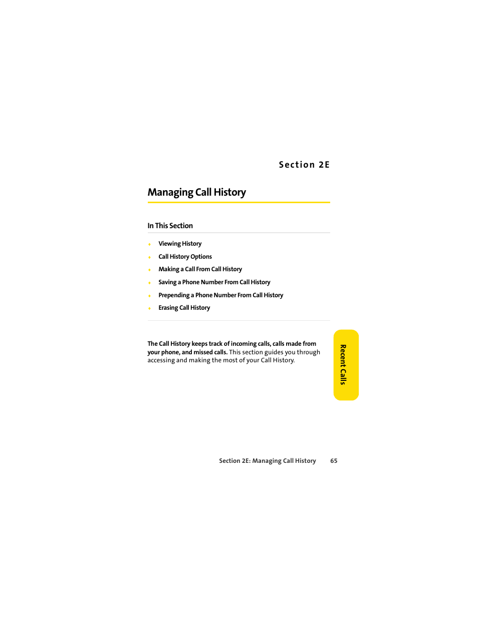 Managing call history, S ec t io n 2 e | Motorola C290 User Manual | Page 79 / 170