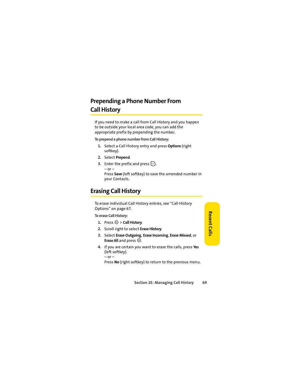 Prepending a phone number from call history, Erasing call history | Motorola C290 User Manual | Page 83 / 170