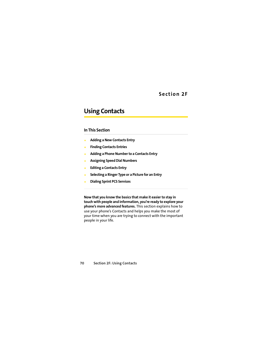 Using contacts, Se c t io n 2f | Motorola C290 User Manual | Page 84 / 170