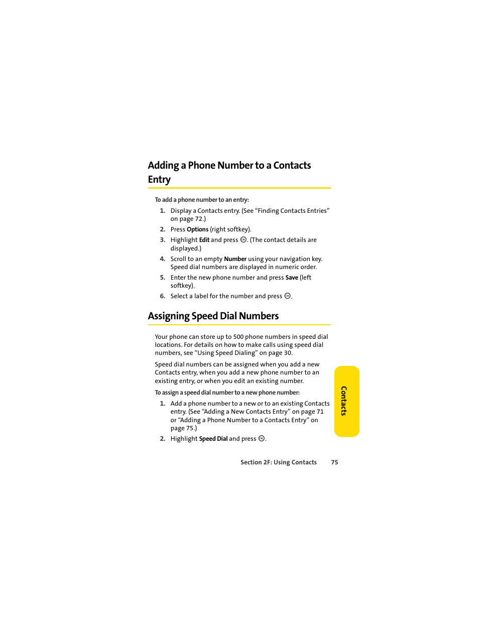 Adding a phone number to a contacts entry, Assigning speed dial numbers | Motorola C290 User Manual | Page 89 / 170