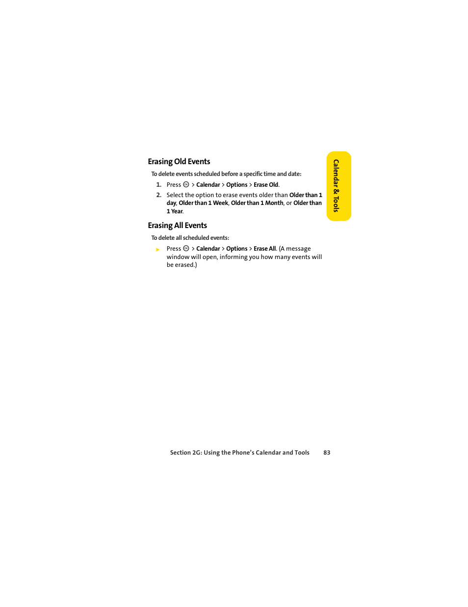 Erasing old events, Erasing all events | Motorola C290 User Manual | Page 97 / 170