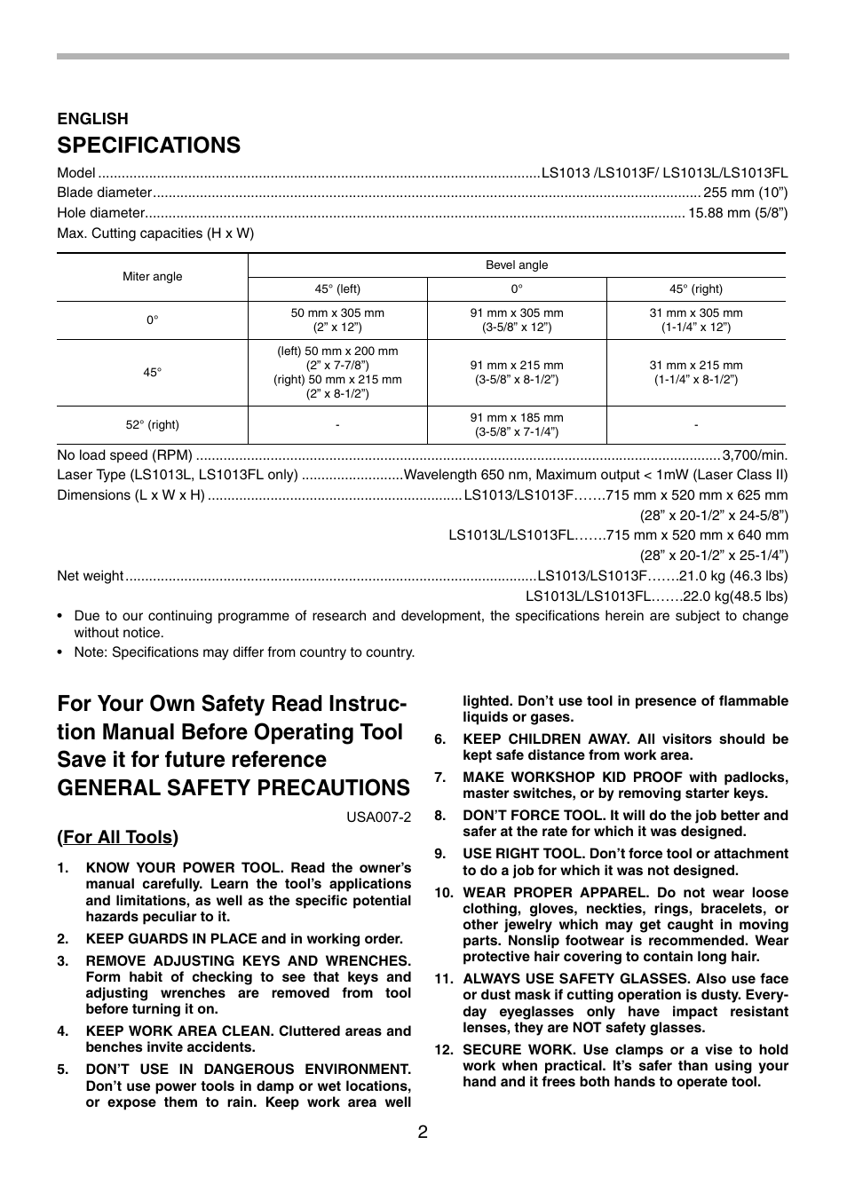 Specifications, For all tools) | Motorola LS1013 User Manual | Page 2 / 76