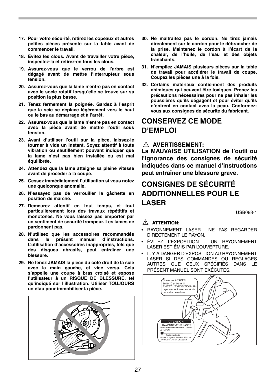 Conservez ce mode d’emploi, Consignes de sécurité additionnelles pour le laser | Motorola LS1013 User Manual | Page 27 / 76