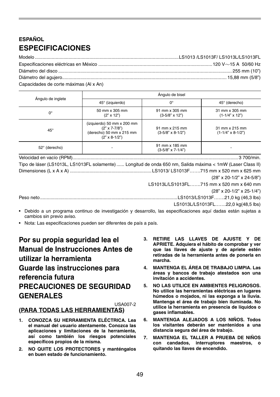 Especificaciones, Para todas las herramientas) | Motorola LS1013 User Manual | Page 49 / 76