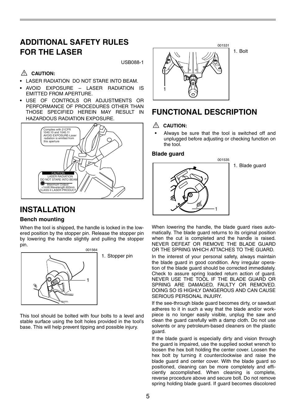 Additional safety rules for the laser, Installation, Functional description | Bench mounting, Blade guard | Motorola LS1013 User Manual | Page 5 / 76